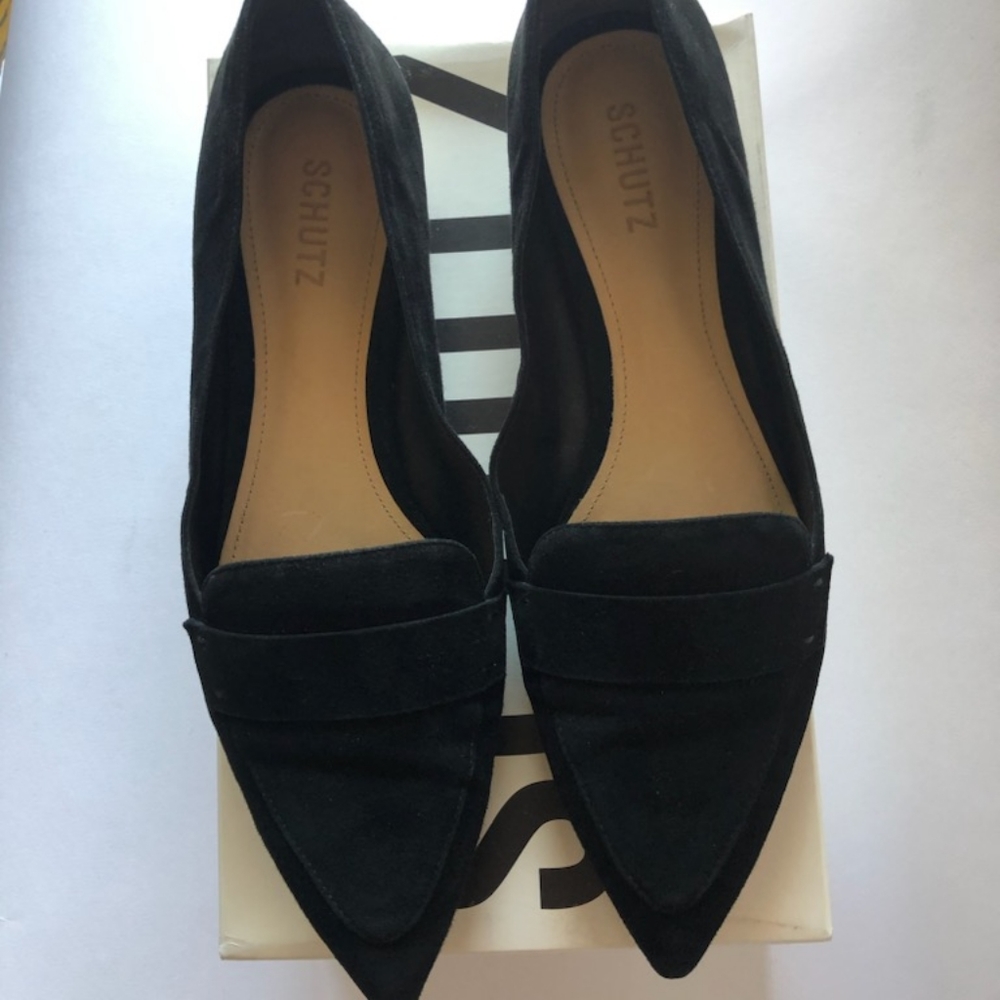 Black Kid Suede. Gold detail at heel. Pointed Toe.